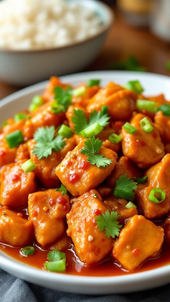 A plate of spicy chicken garnished with cilantro and green onions, served with a side of rice.